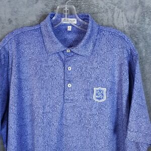 Peter Millar Summer Comfort Polo Shirt Mens Medium Blue Jazz Player Pattern PVGC